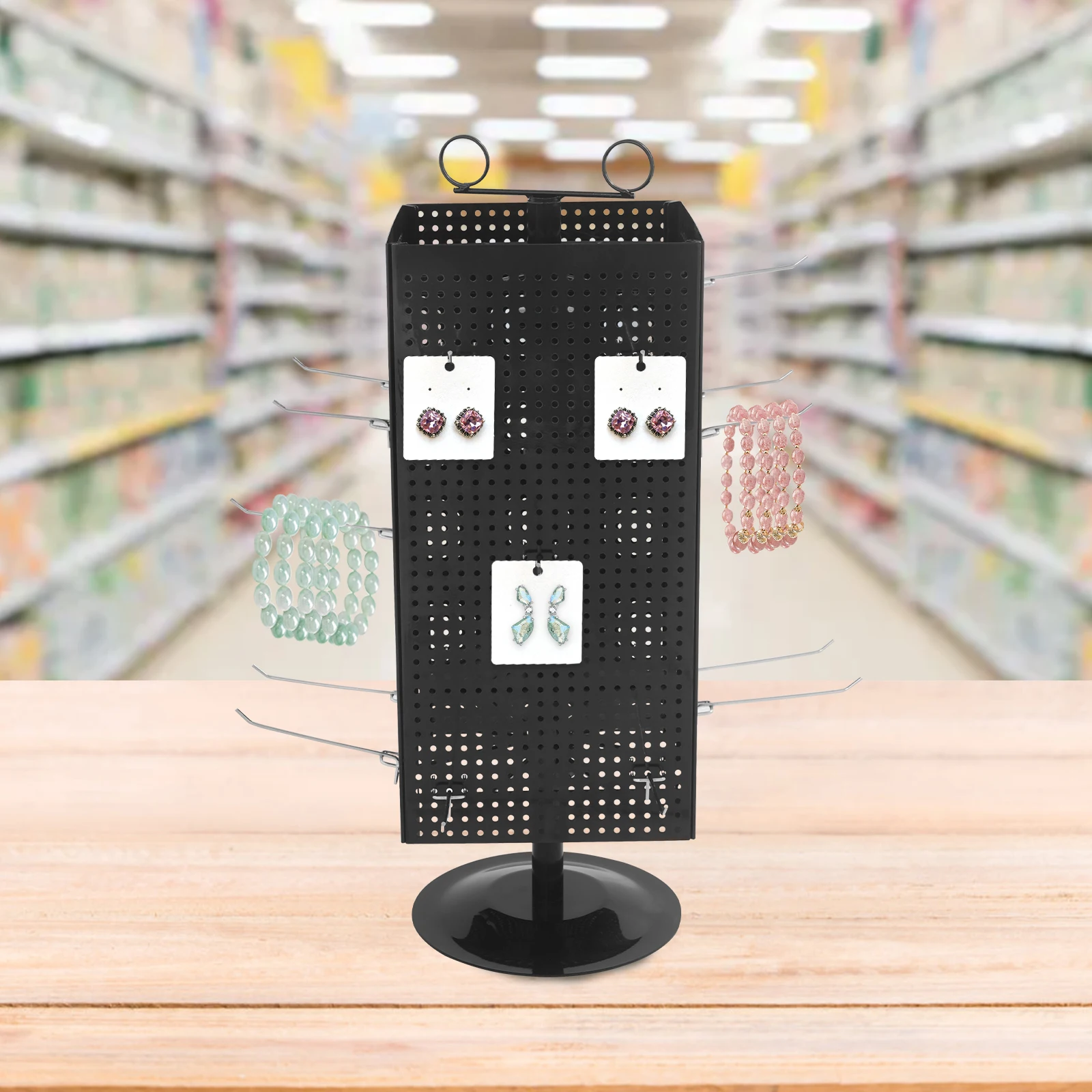 4 Sided Rotating Perforated Display Stand with Hooks Countertop Spinner Rack for Retail Stores Keychains Jewelry Tools Black