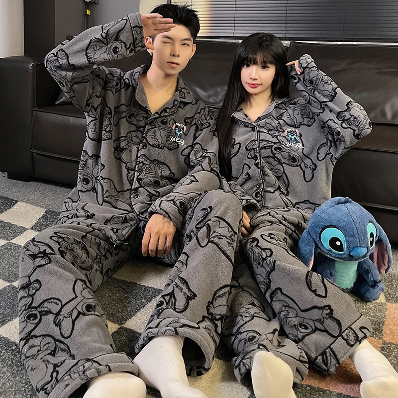 Disney Stitch Coral Velvet Winter Pajamas Men And Women With Velvet Two Piece Set Couple Pajamas Printed Embroidered Pajamas