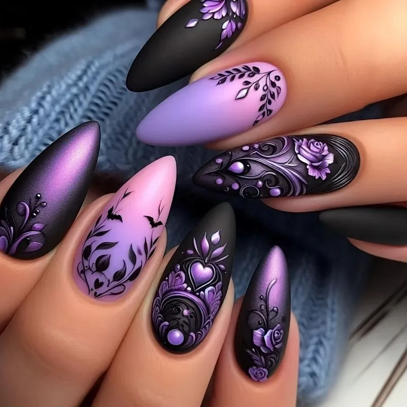 Faux ongles moyens pour femmes et filles, dégradé de fleurs bleues violettes, papillon, flamant rose, pointes carrées en amande, presses sur faux nail art