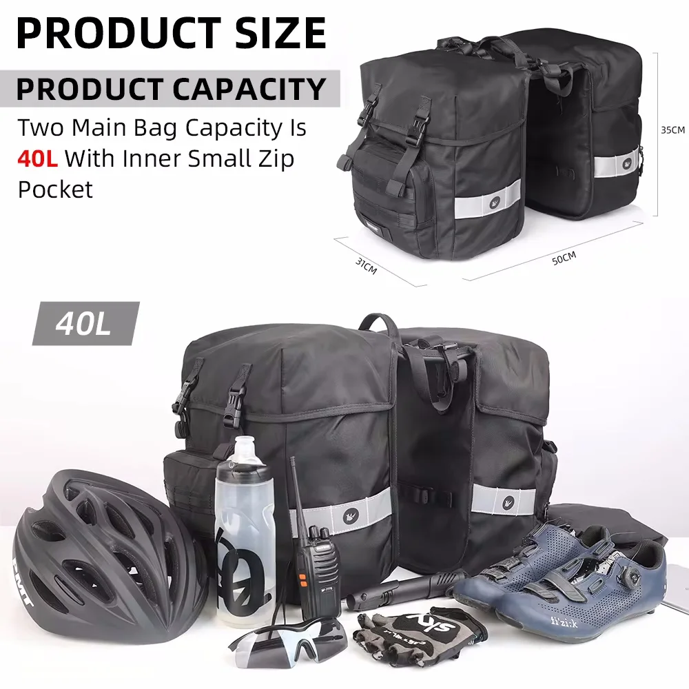 40L Bicycle Pannier Bag 2 in 1 Double Side Bike Bag with Waterproof Inner Bag Rain Cover Fits Rear Racks up to 6.5\