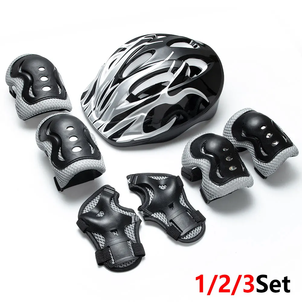 1/2/3Sets Kids Protective Gear Set, Flame Pattern Ventilated Helmet with Knee Elbow Wrist Pads, Safety Guards for Boys Aged 3-10