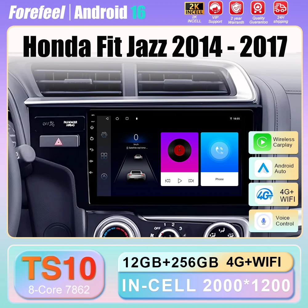 5G Wifi Radio para Auto con Android 16 Carplay para Honda Fit Jazz 2014 2015 2016 2017 Multimedia Head Unit Navigation No 2din