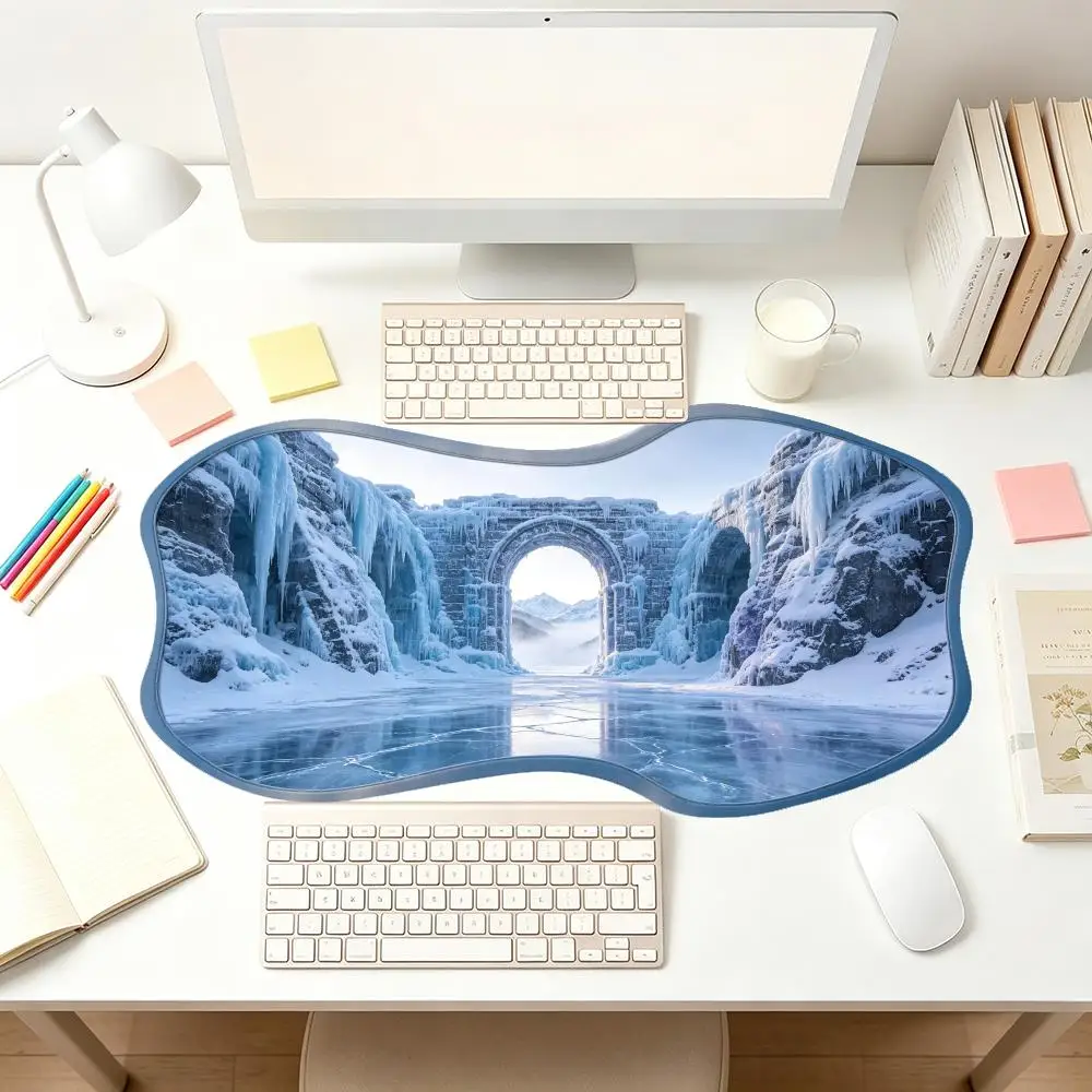 Ice Blue Aurora Castle Gaming Mouse Pad Thick Rubber Smooth Glide Creative Special Shaped For Gaming Room