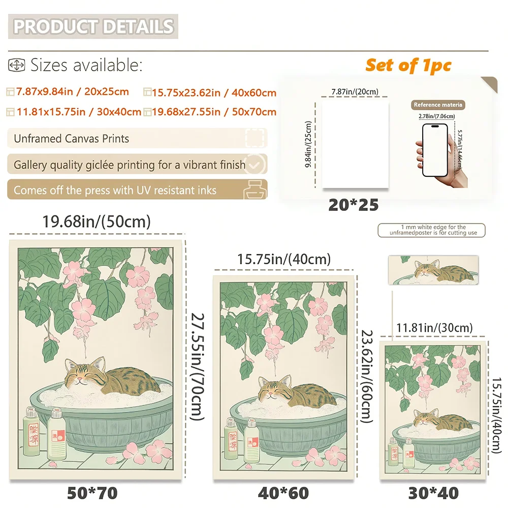 النمط الياباني القط الاستحمام التوضيح قماش الطباعة - القطط لطيف مع الزهور في أحواض الاستحمام - ديكور فني جدار الحمام الجمالي