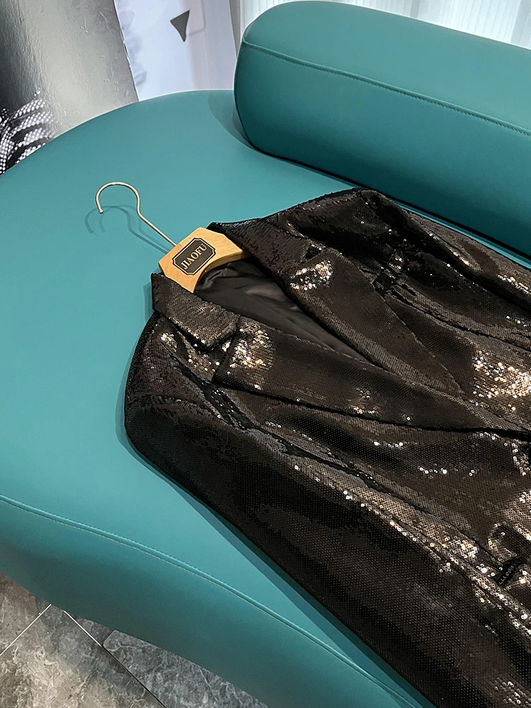 

Star Faion Blingbling Sequin Bla Loose Suit Jaet One Button Notch Lapel Commute Sle Long Sve Mid-Length Coat