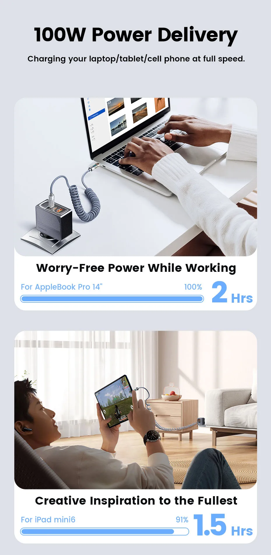 Toocki 100W PD Spring Coiled USB‑C to USB‑C Cable For Macbook iPad Samsung Galaxy Huawei Fast Charging LED USB Type C Data Cord