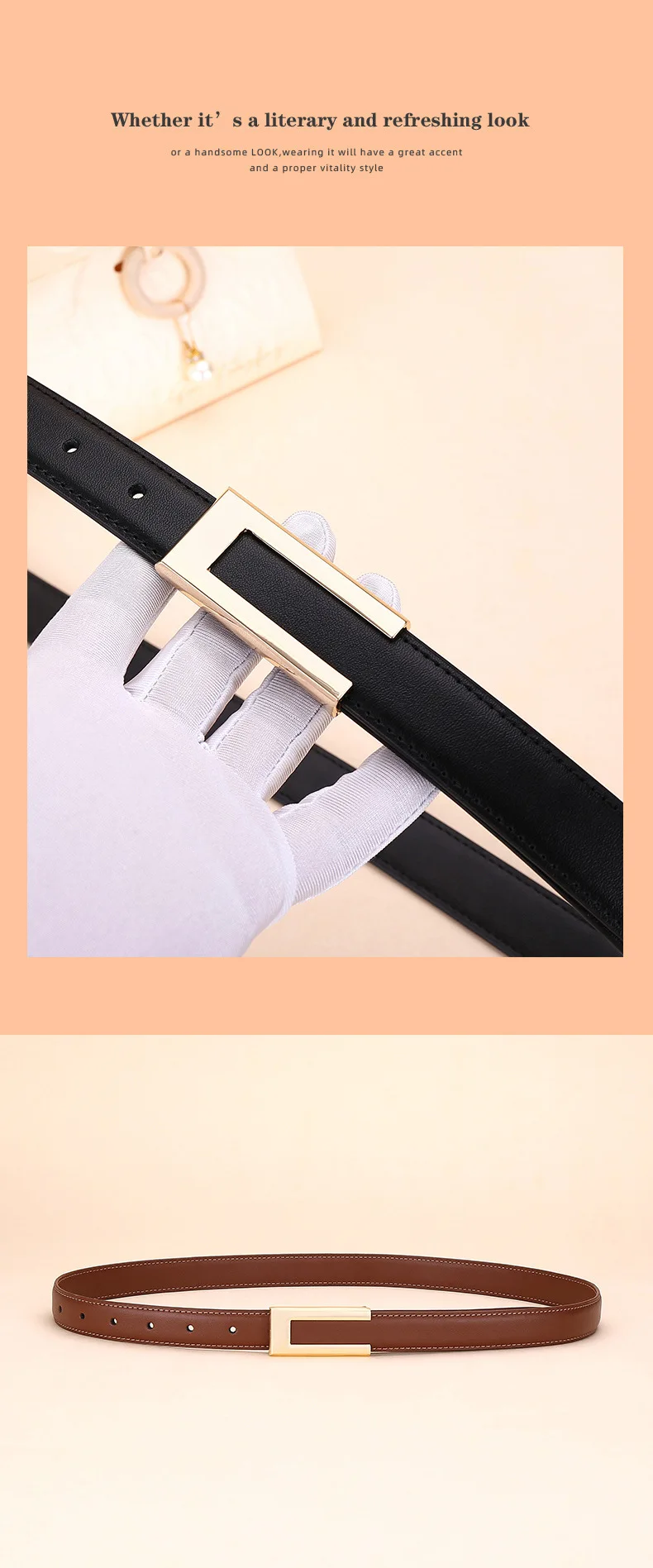 Glänzender Goldschnallen-Gürtel für Damen aus Rindsleder, Modischer Taillengürtel, Vielseitiger Glatter Schnallen-Dekorationsgürtel für Kleider und Hosen – Detail 15