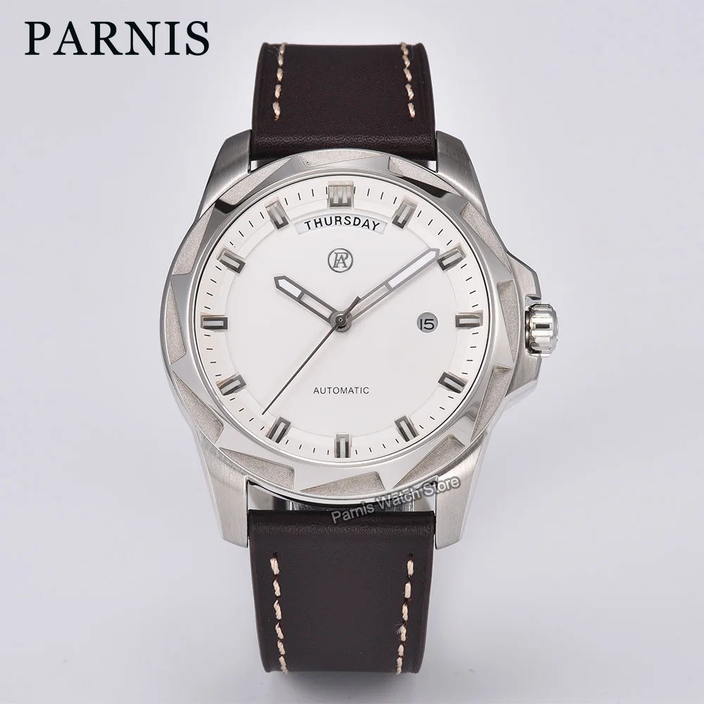 Parnis 43mm White Dial Automatic Mechanical Men Watch Leather Strap Sapphire Crystal Calendar Week Display Wristwatch