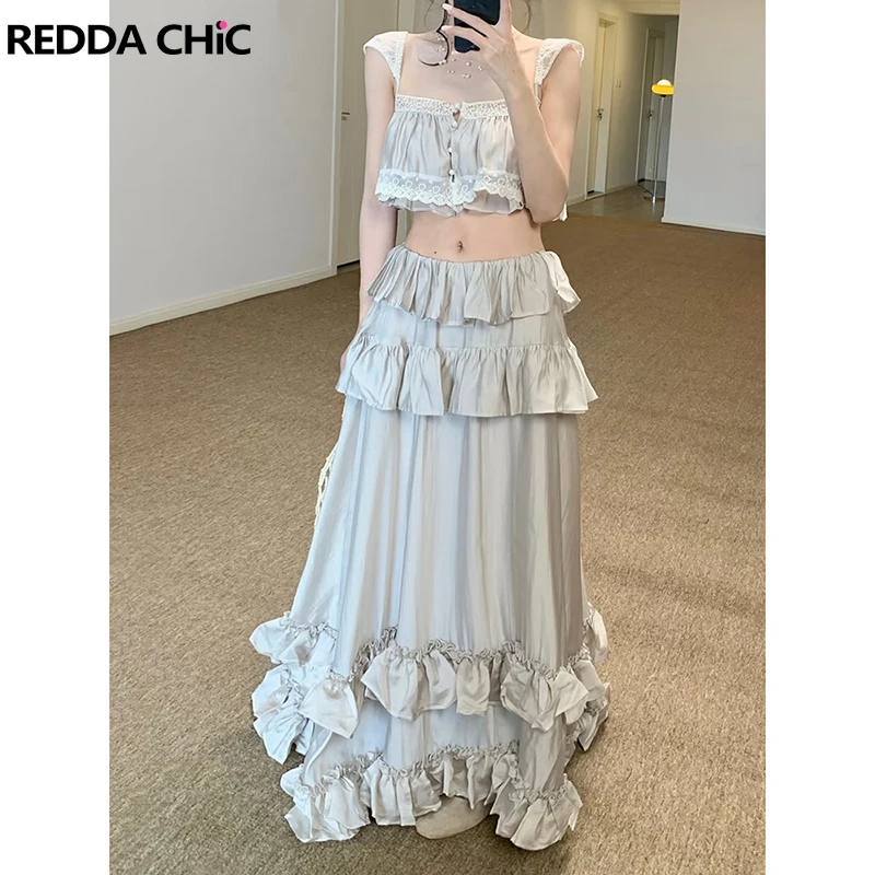 ReddaChic Women Camisole Cake Skirt Set Fairycore Lace Trim Buttoned Cropped Top Maxi Long Tiered Ruffle Skirt Vacation Clothes