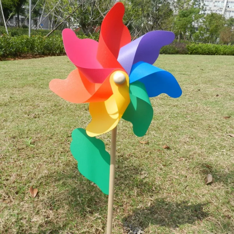 Pólo de madeira colorido moinho de vento atacado brinquedo das crianças jardim de infância área cênica decoração ao ar livre 32cm jardim moinho de vento catavento