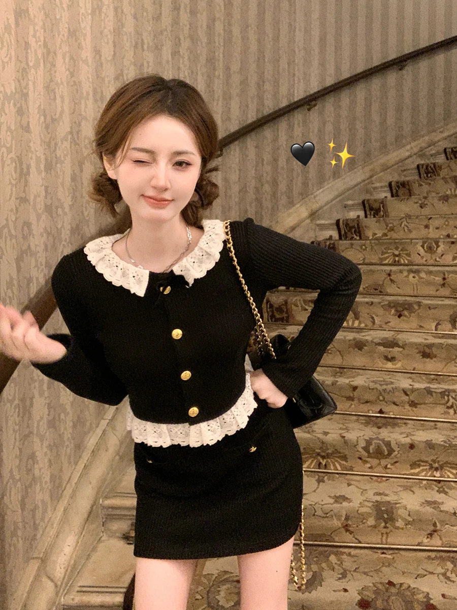 

Bla Lace Collar Knitted Sweater Women's Faion Set 2023 Winter New Arrival Ay Snow Ele Lady Sle Casual Workwear