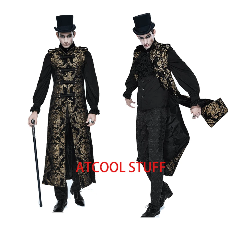 

Men's Steampunk Outfit Jacquard Sleeveless Long Coat Golden Luxury Medieval Gothic Trenchcoat Palace Dress Noble Cosplay Costume