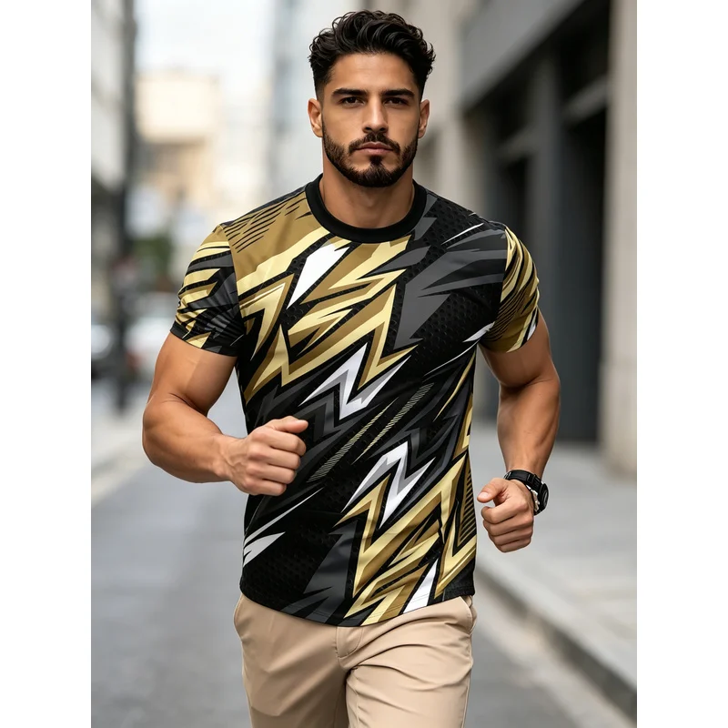 Summer Men'S Black Golden And White Geometric Print Short Sleeve TShirt Breathable Comfortable Slightly ElasticCrew Neck Regular
