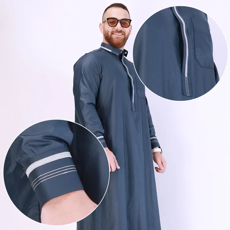 2024 Eid Men Embroidery Abaya Full Sleeve Long Robes Stand Collar Men Thobe Arab Muslim Dress Middle Eastern Clothing Abayas