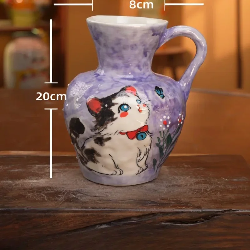Jingdezhen hand-painted ceramic oil painting pastoral style cow cat unilateral vase ornament