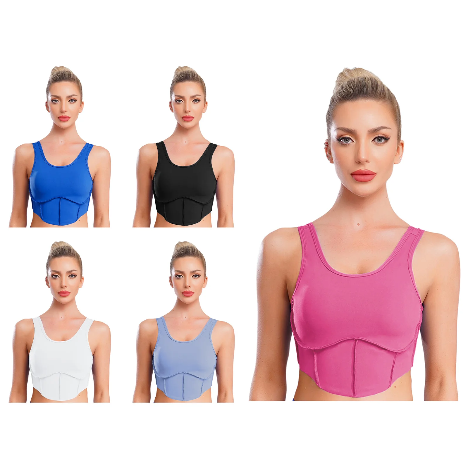 Canottiere da allenamento da donna con orlo curvo, scollo a U, senza maniche, top corto, yoga, sport atletico, pilates, gilet da palestra con pettorali rimovibili