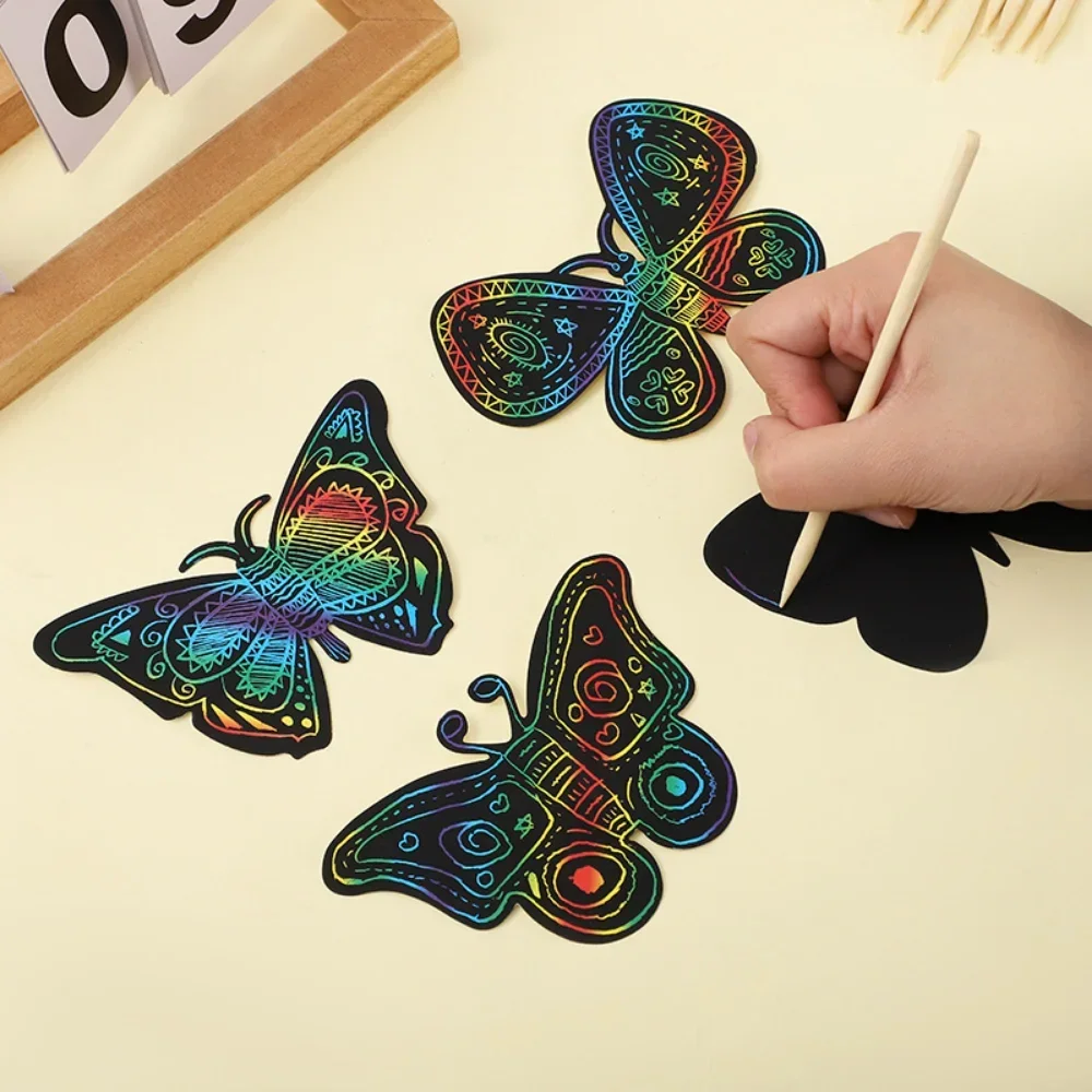 Creative Scratch Drawing Paper Set, Marcadores de borboleta, Magic Scratch Art, Kids Painting Card Sticker, Educação Toy Gifts, 6 pcs, 12pcs