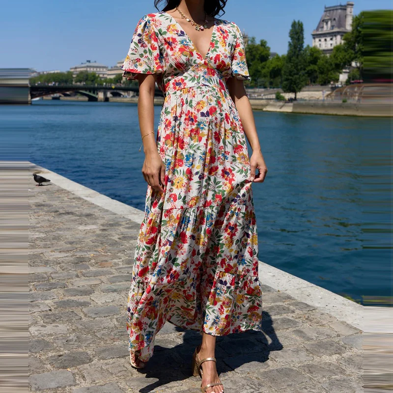 Elegante padrão impressão férias vestido de festa moda altura cintura solta vestido de manga curta senhoras sexy com decote em v plissado bohe vestido longo