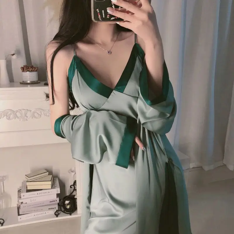 Ladies Silk Stain Robe Gown Set Women Sexy Patchwork Nighties Silky Short Robegwon Female Comfortable Loose Home Clothing M-XL