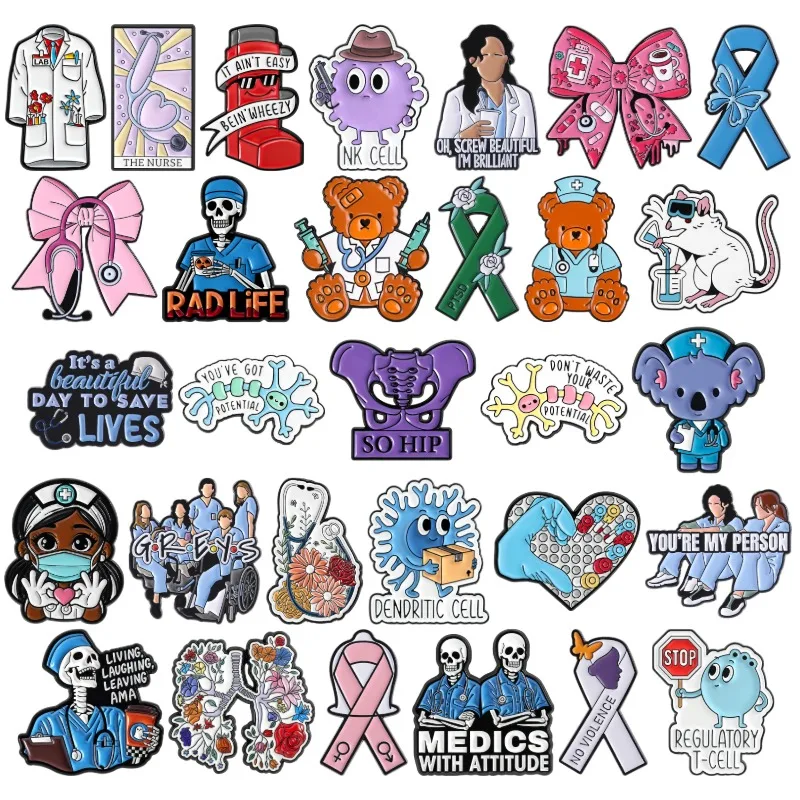 Medical Collection Enamel Pins Lab Rat Skeleton Doctor Nurse Coat Bowknot Brooches Stethoscope Tarot Badge Ribbon Jewelry Gift