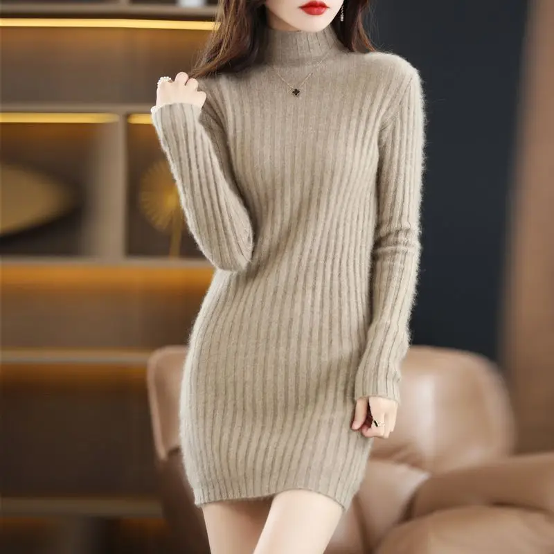 Slimming Semi-High Neck Faux Mink Knitted Dress Mid-Length Waist Hugging Outerwear Sweater