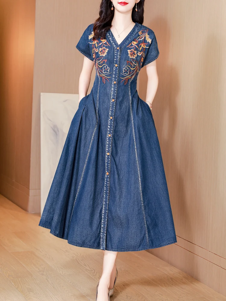 TIYIHAILEY New Free Shipping Long Mid-Calf Short Sleeve Summer Denim M-3XL Chinese Style Single Breasted Embroidery V-Neck Dress