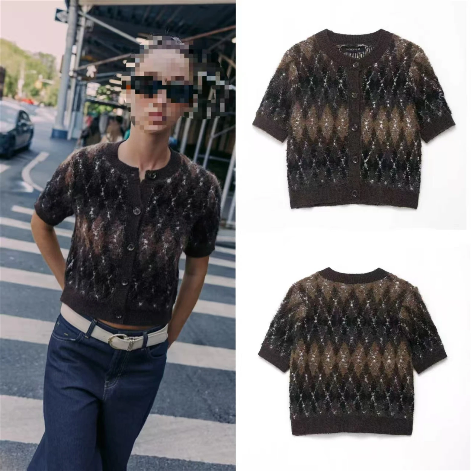 

Women's diamond pattern short-sleeved knitted jacket retro contrasting color design single-breasted high-quality texture women's