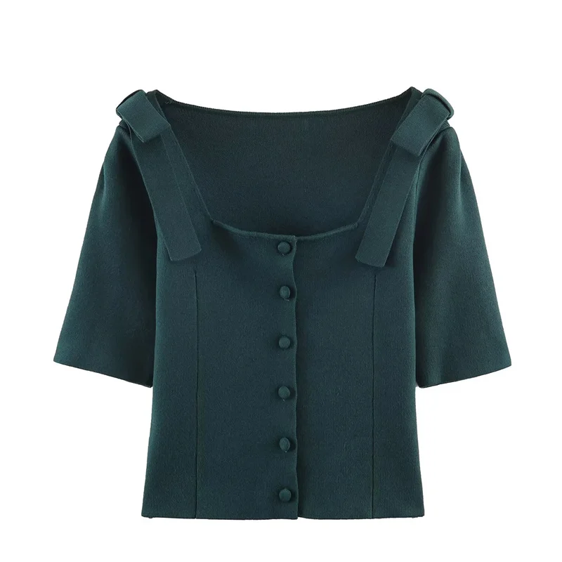 

Women's Top 2025 Winter New Style Deep Green Short-Sleeve Knitted Cardigan with Bow Decoration Elegant and Stylish