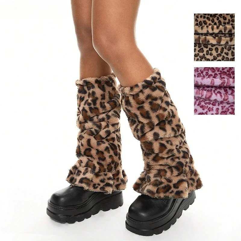 IMU Kawaii Leopard Print Fuzzy Leg Warmers Y2k Gyaru Ruffled Hem Boots Cover Long Socks Women Harajuku Festival Outfits