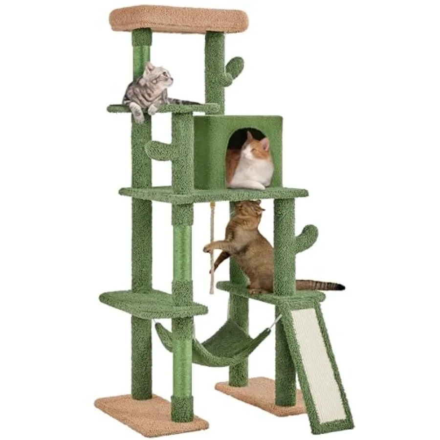 

63in Cactus Cat Tree Multi-Level Tall Climbing Tower with Sisal-Covered Scratching Posts Condo Hammock Pet Furniture Activity C
