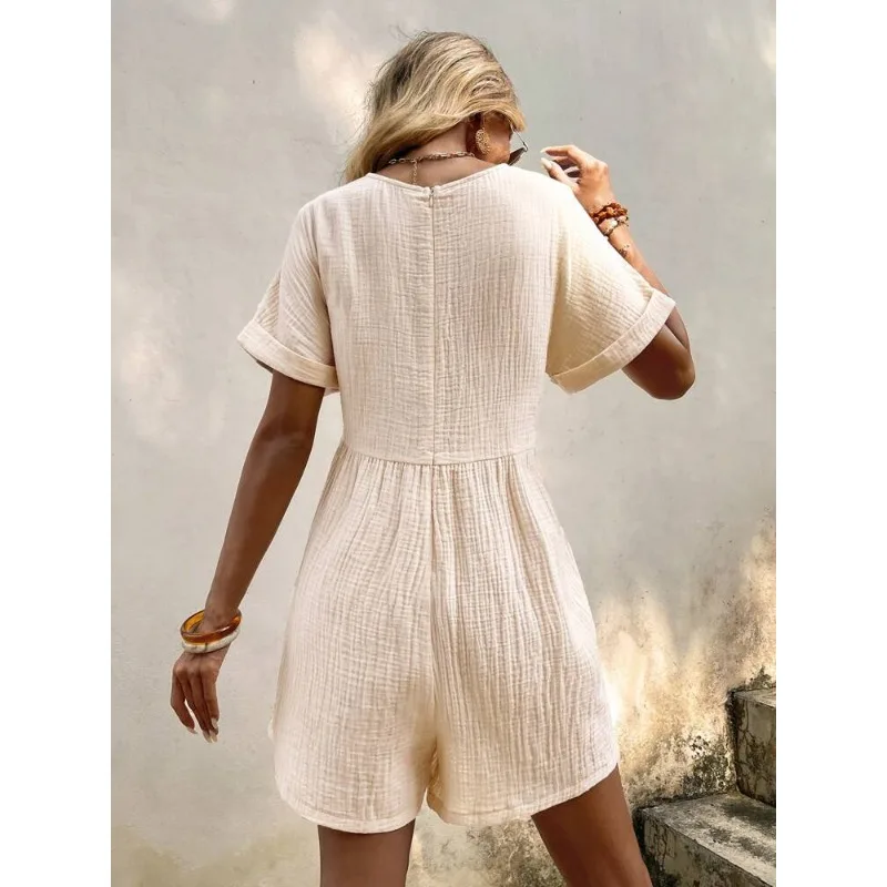 エレガントな固体女性ジャンプスーツカジュアル A ラインロンパースレディースロンパース V ネックショートバットウィング袖ポケット夏服夏