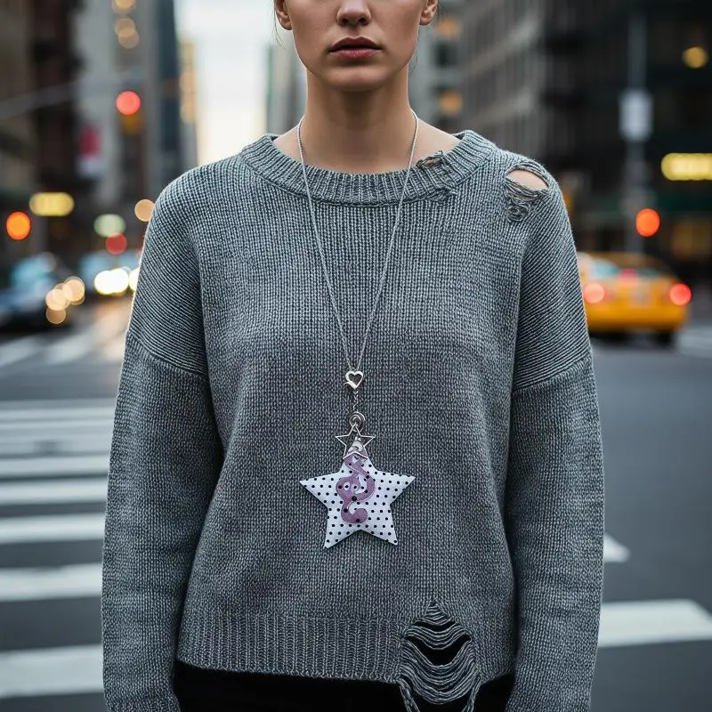Korean Kpop Y2K Large Star Pendant Necklace Polka Dot Vintage Jewelry for Women Music Festival Outfit Match