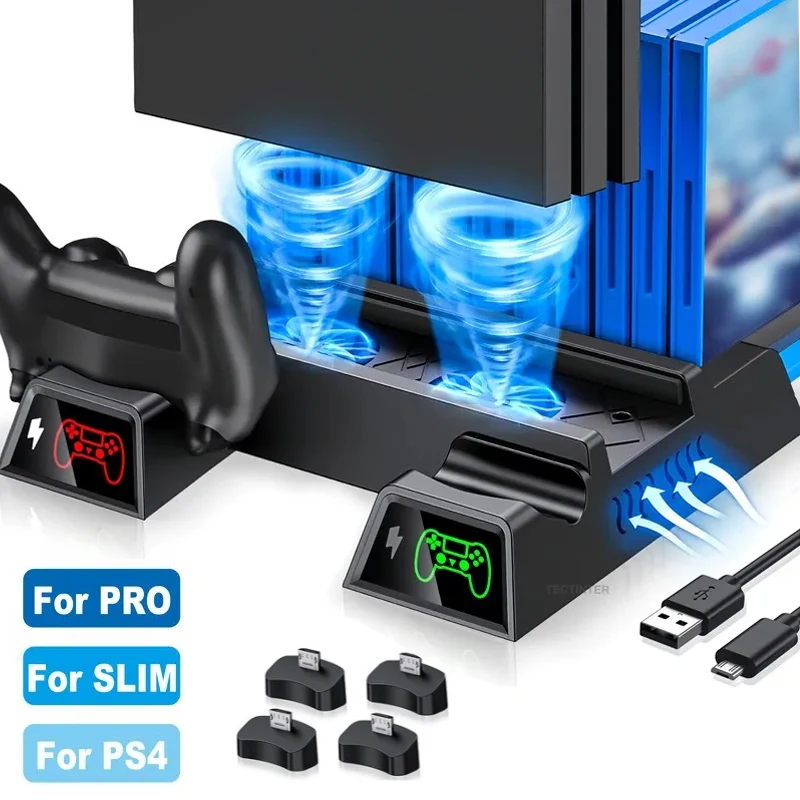 Cooling Fan for PS4/PS4 Slim/PS4 Pro Console Vertical Stand Cooler with Dual Controller Charging Dock Station for Playstation 4