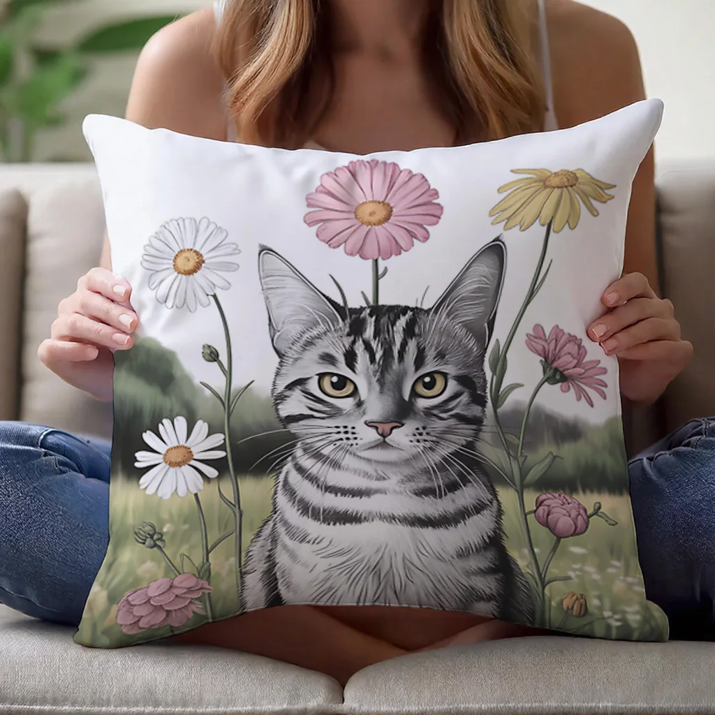 1pc Abstract Feline Floral Motif Pillowcase for Home Decoration Cushion Cover Polyester 45x45cm 18x18in