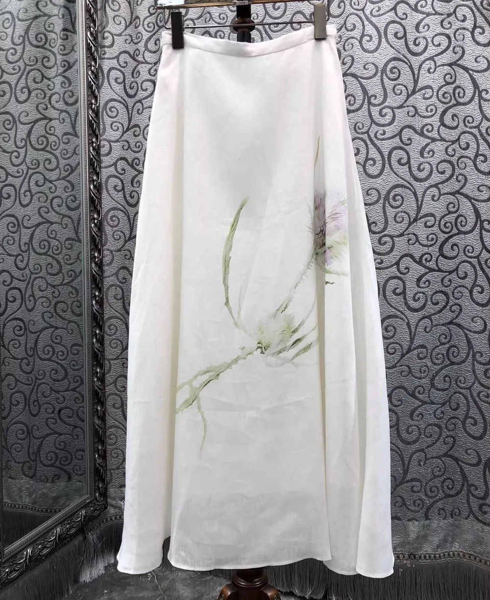 100%Linen Long Skirts 2026 Summer Fashion Designer Clothes Lady Charming Floral Print High Waist Long Maxi Party Club Skirts