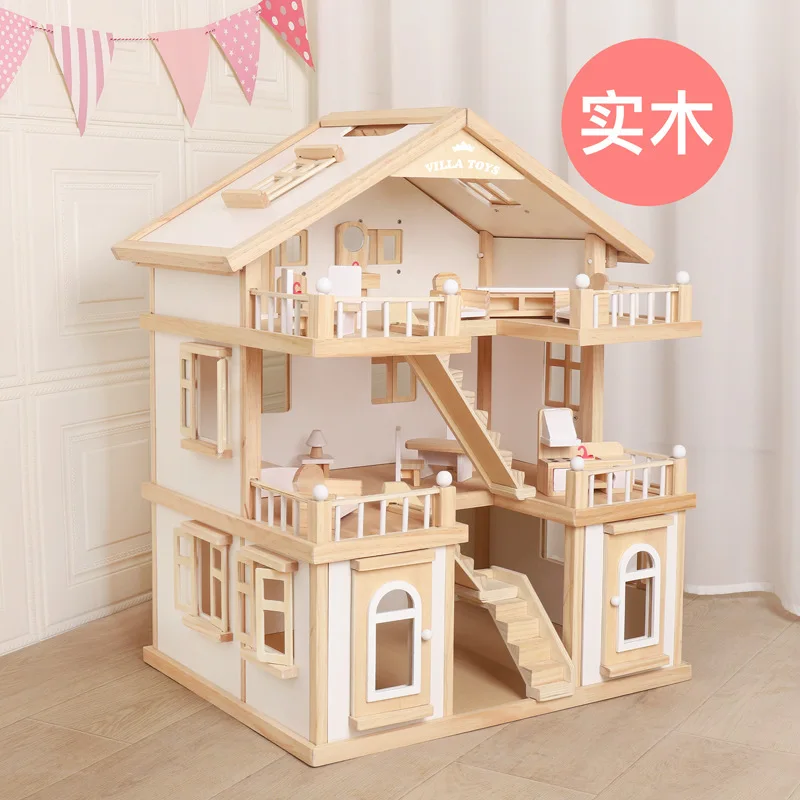 Early Education Simulation Play House Spanish Three-story Villa Prince Princess Role Play Solid Wood Doll House