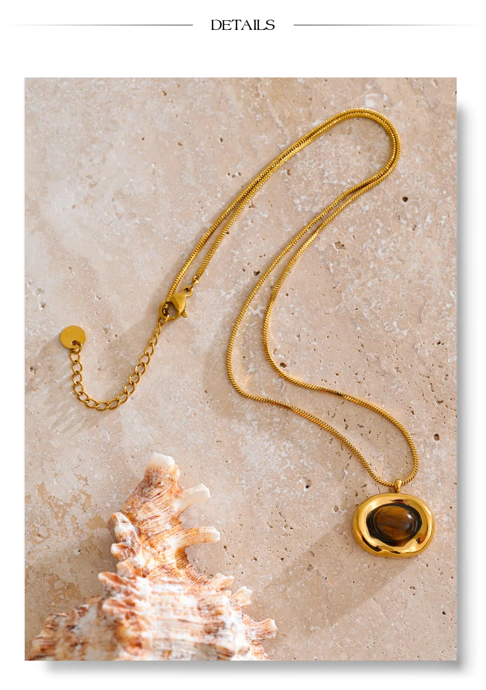 Yhpup Halskette mit natürlichem Tigerstein-Anhänger, hochwertiges PVD-beschichtetes Edelstahl-Kragen, beliebter Schmuck, täglich, hypoallergen – Detail 19