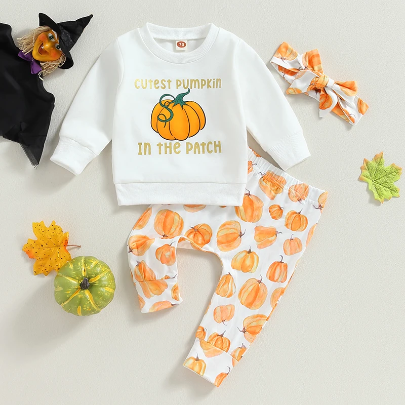 Toddler Girls Halloween Costume Pumpkin Print Long Sleeve Shirt and Pants with Headband Set for Fall Dress Up