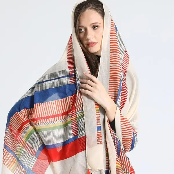 Sciarpa Donna In Cotone Leggero 183x51 Cm - Stampa Floreale Rosso Corallo - Foulard, Scialle O Fascia Per Capelli