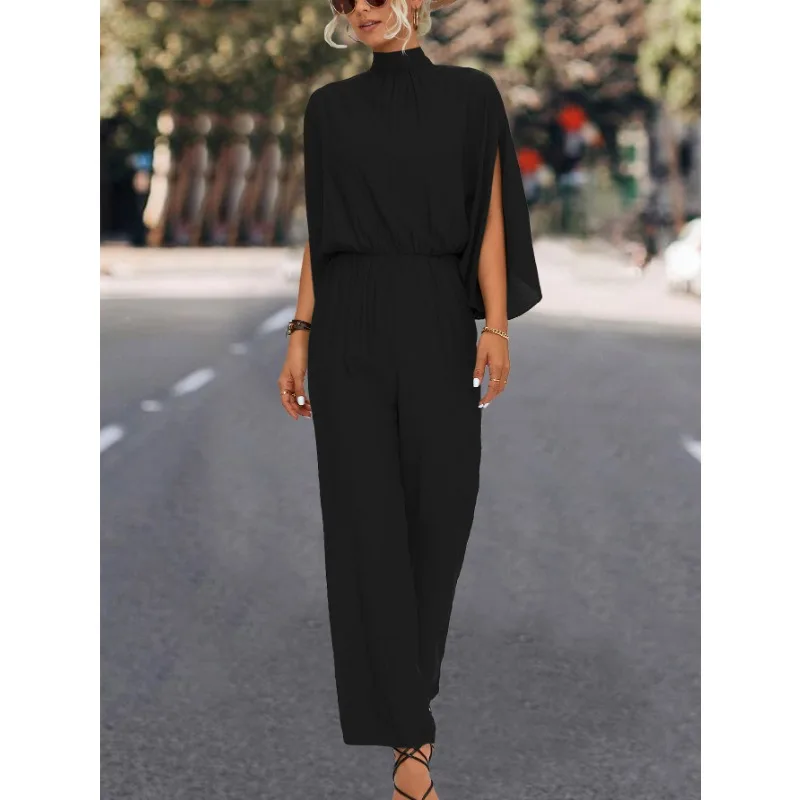 Women Casual Solid Color Slim Pleated Jumpsuits 2024 Spring Autumn Jumpsuits Women High Collar Split Long Sleeve Horn Jumpsuits