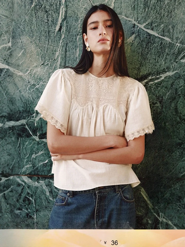 

Новая летняя женская рубашка H&M из смесового хлопка с завязками, повседневная свободная рубашка с короткими рукавами и круглым вырезом, пуловер