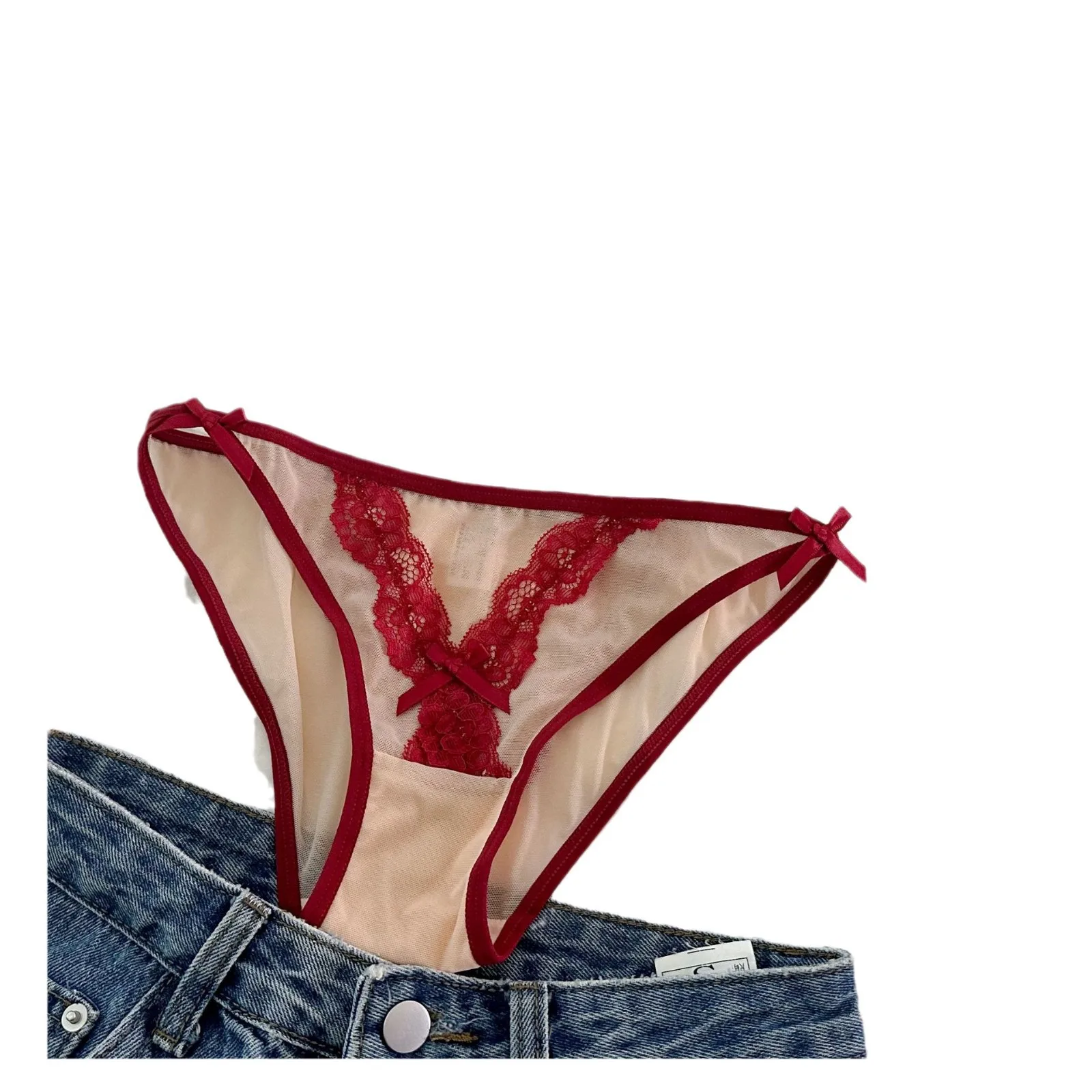 Red Color Mesh Transparent Women\'s Underwear Low Waist Lace Embroidery Hollow Out Panties Thin Soft Hollow Out Breathable Briefs