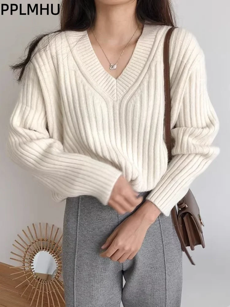 

Ретро-свитер с V-образным вырезом, свободный вязаный джемпер в корейском стиле, мягкий повседневный пуловер с длинными рукавами для женщин