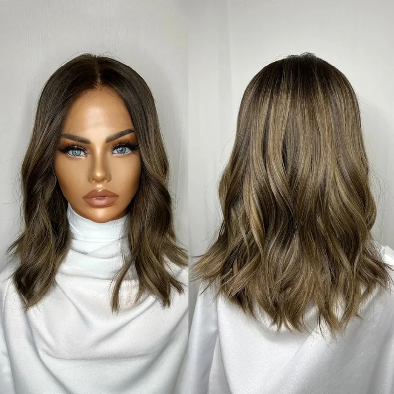 

Dark Brown Highlight Bob Wig With Blonde Highlight Natural Wavy Shoulder-Length Hair Heat-Resistant Synthetic Wig for Women