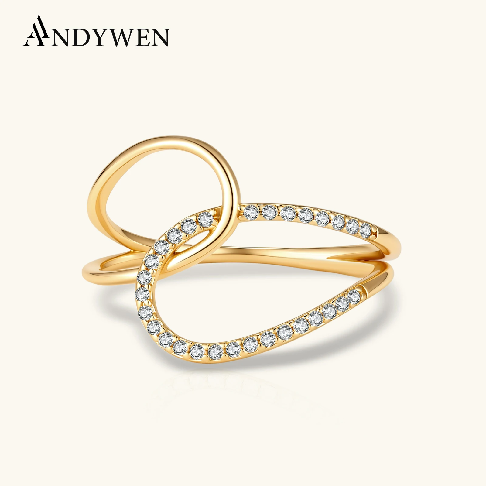 ANDYWEN 925 Sterling Silver Intertwined Hollow Double Loop CZ Zircon Ring Luxury Rock Punk Fashion Party Jewelry for Women