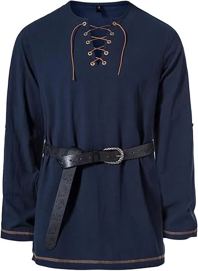 Mittelalterliches Schnür-Tunika-Hemd für Herren, Renaissance-Wikinger-Piraten-Kostüm, langärmliges Retro-Oberteil mit Gürtel für Halloween-Cosplay – Detail 3