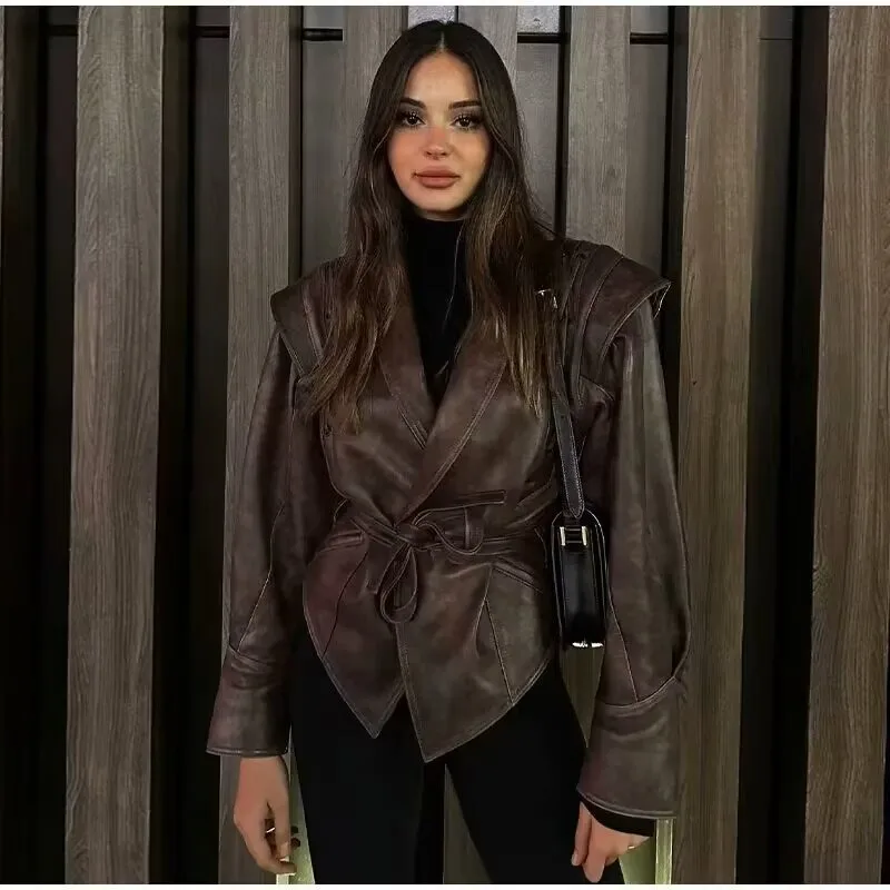 Women's Autumn Winter Fashion New Streetwear Design Retro Leather Jacket Elegant Stylish Jacket, Casual Versatile PU Leather Top