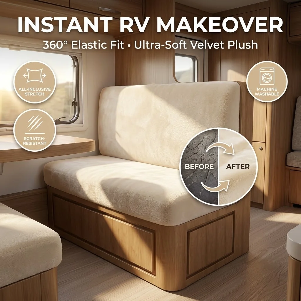 Universal RV Camper Cushion Cover Stretch Fitted Bench Seat Protector Reversible Washable Dinette Slipcover for Caravan Truck