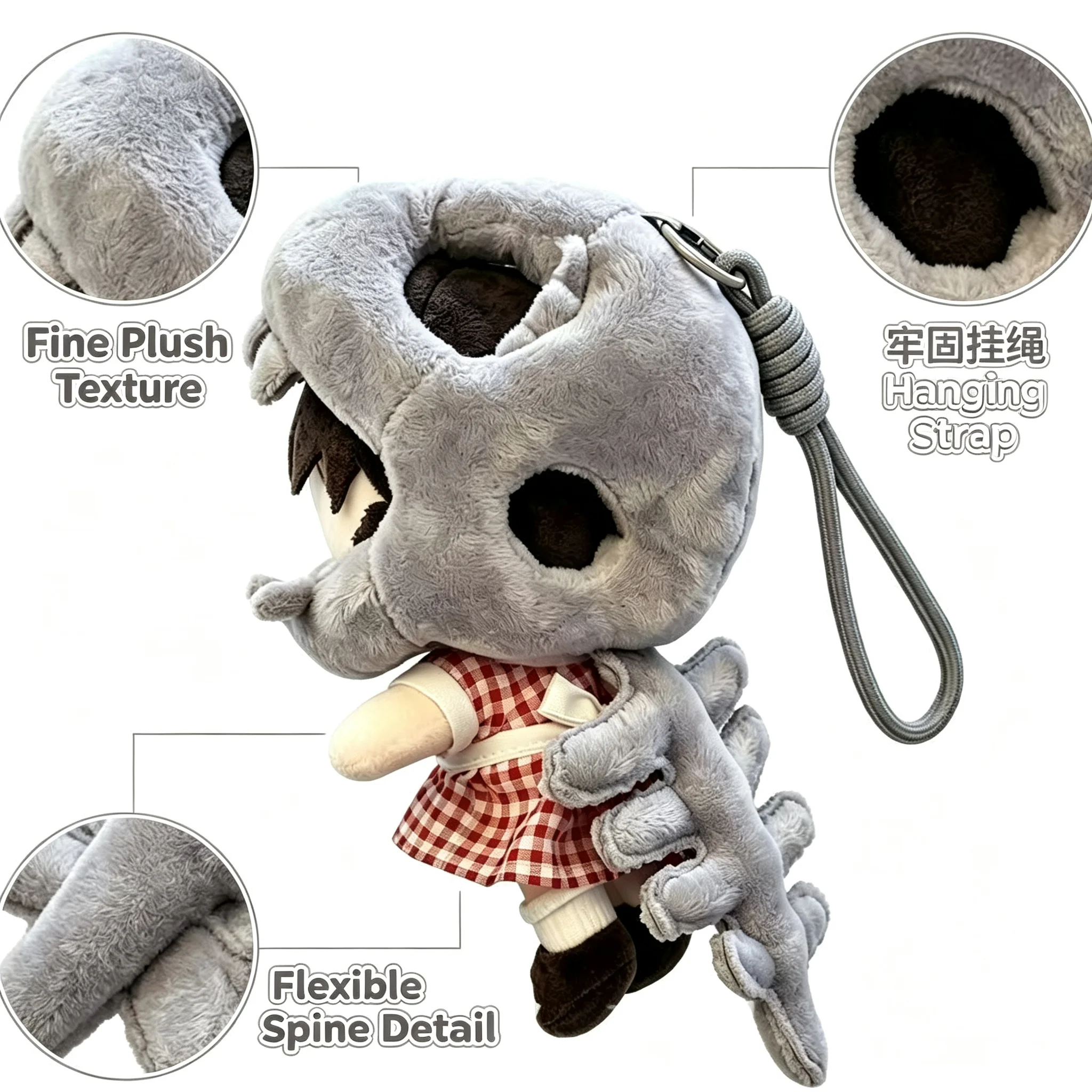 Cute Dinosaur Skeleton Plush Head Cover Cotton Doll Outfit Pendant Funny Dress Up Doll Accessory Bag Charm Car Hanging