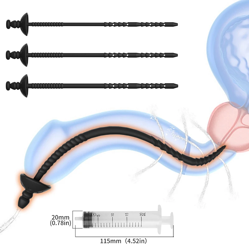 Curved Urethral Insert Penis Plug Syringe Injection,Silicone Urethtra Urethra Dilator Sounds Beads,Long Uretre Sounding Catheter